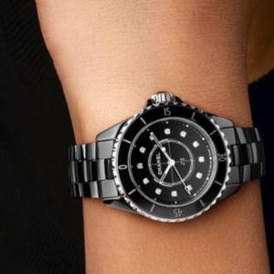 Chanel Diamond steel black watch 6” wrist J12 & Magazine  by Chanel